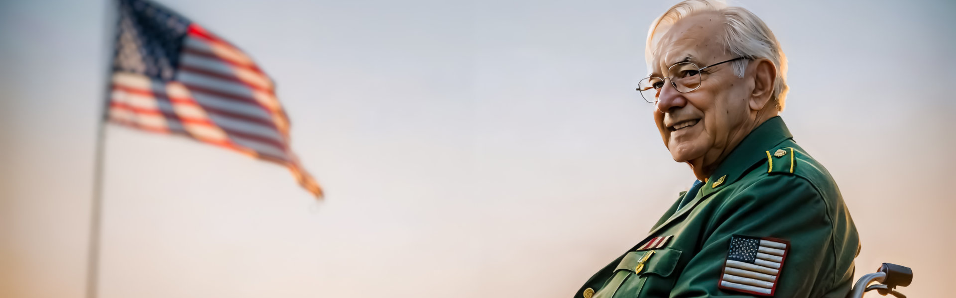 An elderly veteran in a green military uniform sits in a wheelchair with a thoughtful smile, set against the backdrop of an American flag waving in the distance.